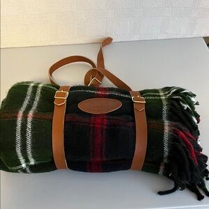Vintage Tartan Wool Travel Roll Blanket with Leather Straps Green Red